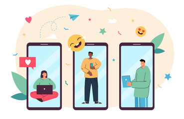 Tiny people on screen of mobile phones using online services. Woman and men with laptop, smartphone or tablet communicating flat vector illustration. Internet, communication, job interview concept