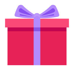 Red present with purple bow. Gift box icon