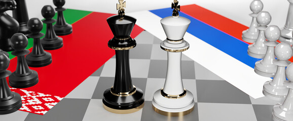 Belarus and Russia - talks, debate, dialog or a confrontation between those two countries shown as two chess kings with flags that symbolize art of meetings and negotiations, 3d illustration