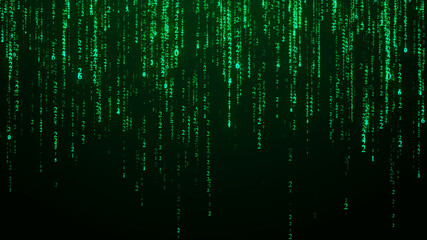 Technology binary code. Random falling digits on screen. Hacked software. Matrix sciense background. Big data analytics. 3D rendering.