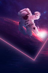 Futuristic space sci-fi abstract background with flying astronaut. Neon abstract space background with nebula and stars. Elements of this image furnished by NASA. 3D illustration.