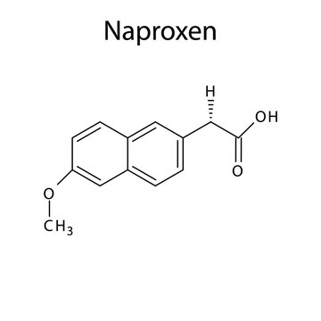 Naproxen molecular structure, flat skeletal chemical formula. NSAID drug used to treat osteoarthritis, ankylosing spondylitis, polyarticular juvenile idiopathic arthritis, tendinitis, bursitis, pain 