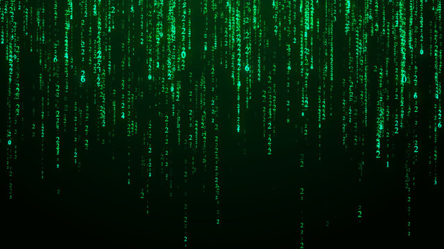 Technology binary code. Random falling digits on screen. Hacked software. Matrix sciense background. Big data analytics. 3D rendering.
