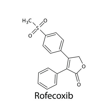 Rofecoxib molecular structure, flat skeletal chemical formula. NSAID drug used to treat pain, acute pain, migraine. Vector illustration.