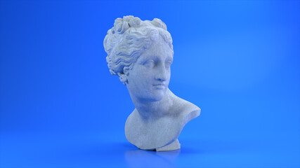 Ancient Roman white marble rotating head of Venus on a blue background. 3d illustration © flashmovie