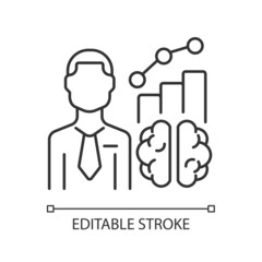 Business intelligence manager linear icon. Market and customer analyst. Solution providing expert. Thin line customizable illustration. Contour symbol. Vector isolated outline drawing. Editable stroke