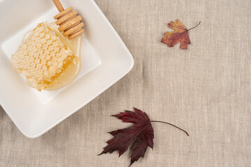 plate of fresh honey combs on a table served natural linen napkin, top view, with fallen autumn leaves