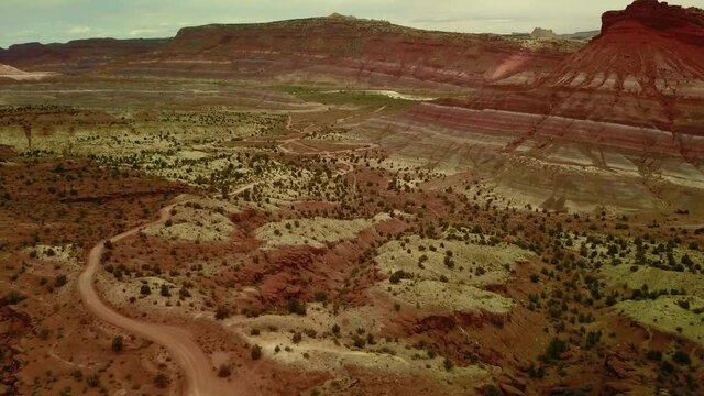 Aerial Panning Scenic Shot Of Lees Ferry And Paria River, Drone Flying Over Semi Arid Desert Landscape