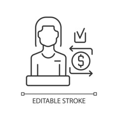 Bank teller linear icon. Finance and customer service employee. Interaction with customers. Thin line customizable illustration. Contour symbol. Vector isolated outline drawing. Editable stroke