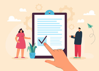 Control of legal principles and safety for tiny people. Man and woman standing near paper document with law assurance flat vector illustration. Privacy, data protection, company procedures concept