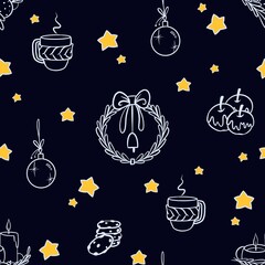 Seamless pattern with stars, cups and Christmas elements. Graphic design for fabric, textile, wallpaper and packaging 