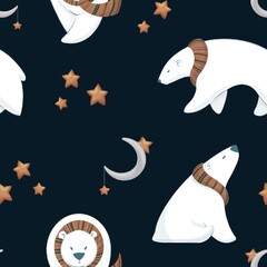 Seamless pattern with polar bears and stars. Cute design for wallpaper, packaging, fabric and textile 