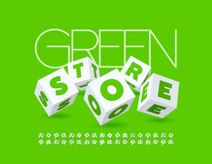 Vector creative concept Green Store. Stylish cubic Font. Isometric Alphabet Letters and Numbers set