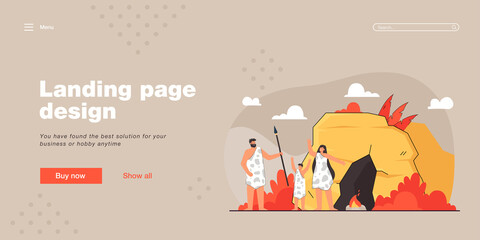 Prehistoric family standing near cave flat vector illustration. Mother and kid in leopard hides greeting father. Caveman with spear after hunting. Ancient, stone age concept