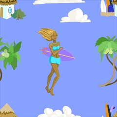 Surf girl walking to beach house on blue backdrop