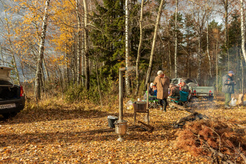 Picnic in nature with a samovar and barbecue.