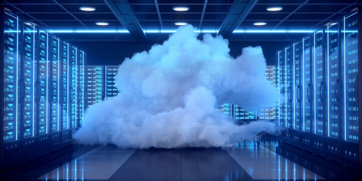 Large cloud within a data center. Sustainable data computing background. 