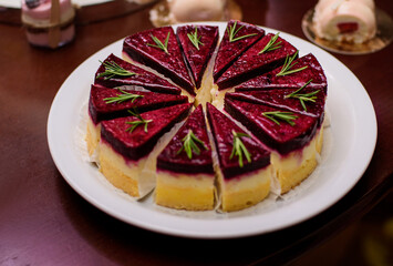 Delicious sweets on candy bar. Cheesecake.