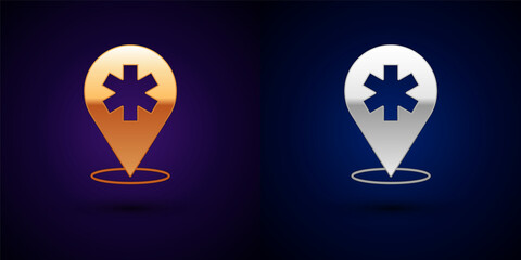 Gold and silver Medical map pointer with cross hospital icon isolated on black background. Vector