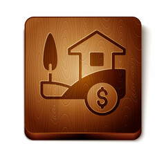 Brown House with dollar symbol icon isolated on white background. Home and money. Real estate concept. Wooden square button. Vector