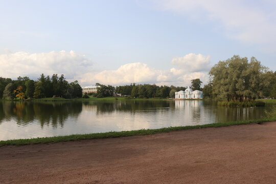 beautiful view on the lake shore of the grotto pavilion and the Catherine Palace in St. Petersburg