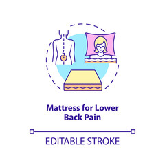 Mattress for lower back pain concept icon. Pad type abstract idea thin line illustration. Spinal support for pain relief. Comfortable sleeping. Vector isolated outline color drawing. Editable stroke