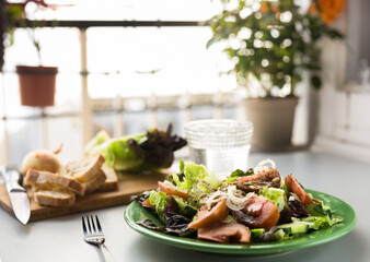 vegetable salad of greens, tomatoes and cucumbers on a green plate