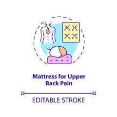 Mattress for upper back pain concept icon. Neck ache reducing abstract idea thin line illustration. Orthopedic mattress and pillow. Vector isolated outline color drawing. Editable stroke