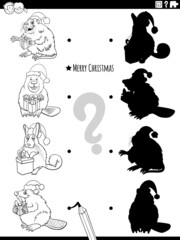 shadow game with cartoon animals on Christmas coloring book page