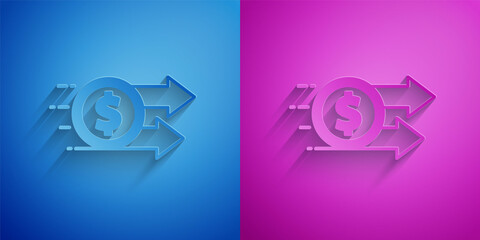 Paper cut Financial growth dollar coin icon isolated on blue and purple background. Increasing revenue. Paper art style. Vector