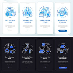 Retirement steps onboarding mobile app page screen. Set financial goal walkthrough 4 steps graphic instructions with concepts. UI, UX, GUI vector template with linear night and day mode illustrations