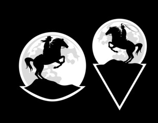 cowgirl and cowboy rider riding rearing up horse and throwing lasso - wild west ranger black and white vector silhouette sticker design set - obrazy, fototapety, plakaty