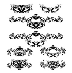 black and white vector design set of elegant calligraphic decorative elements with rose flowers and carnival masks