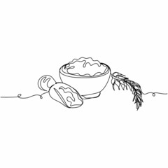 VVector continuous one single line drawing icon of bowl with whole flour in bag with wheat ear in silhouette on a white background. Linear stylized.
