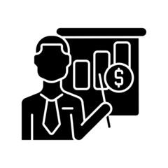 Business teacher black glyph icon. Administration and management educator. Financial accounting lecturer. Business trainer. Silhouette symbol on white space. Vector isolated illustration