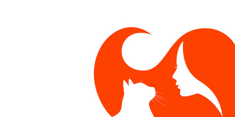 Silhouettes of a woman and a cat, symbolizing love for a cat, adoption of homeless animals, pet care. Vector illustration isolated on white background.