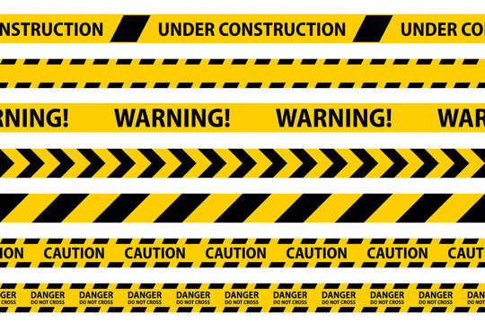 Danger, caution and warning seamless tapes. Black and yellow police stripe border. Crime vector illustration.