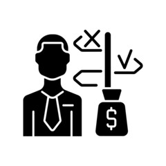 Asset manager black glyph icon. Specialist making investment decisions for client. Stock market operationg expert. Financial advisor. Silhouette symbol on white space. Vector isolated illustration