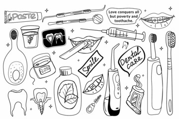 Dental Care Kit. Doodle style vector. Toothbrushes, brushes, dental floss, and cleansing tablets for teeth. Teeth irrigator. Smile with braces and lips with a toothbrush. Toothpaste and mouthwash.