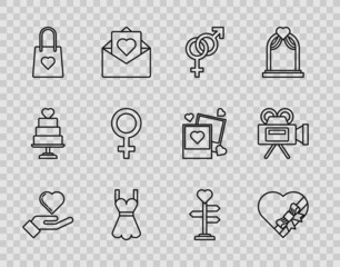 Set line Heart on hand, Candy in heart shaped box bow, Gender, Woman dress, Shopping bag with, Female gender symbol, Signpost and Cinema camera icon. Vector