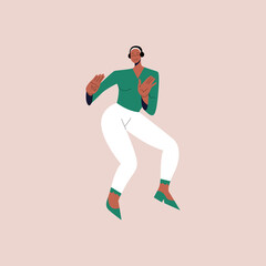 Fototapeta na wymiar Happy black woman dance to the music while listening to it with headphones. Feminine cartoon character dancing from joy and fun. Vector illustration in flat style. Eps 10.