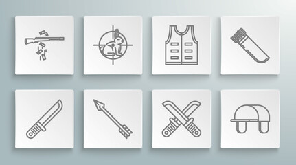 Set line Hunter knife, on rabbit with crosshairs, Hipster arrow, Crossed hunter, hat, Hunting jacket, Quiver arrows and Gun shooting icon. Vector