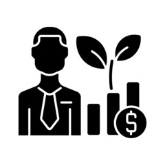 Fund manager black glyph icon. Financial investment expert. Hedge fund managing specialist. Investment decision making person. Silhouette symbol on white space. Vector isolated illustration