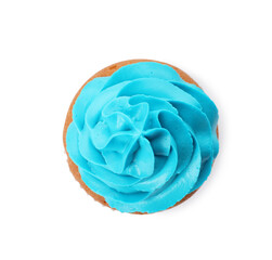 Fototapeta premium Delicious cupcake with light blue cream isolated on white, top view