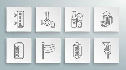 Set line Beer can, tap, National Germany flag, Hotdog sandwich with mustard, Musical instrument trumpet, bottle glass, Glass of beer hop and Street signboard inscription icon. Vector
