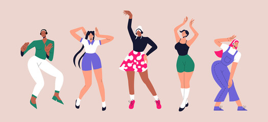 Happy girls dance to the music while listening to it with earphones and headphones. Set of diverse modern young woman dancing from joy and fun. Flat vector illustration. Eps 10.