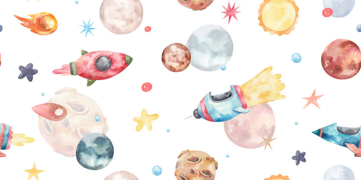 seamless pattern with spaceships, rockets, planets, stars and comets, isolated watercolor childrens illustration on white background