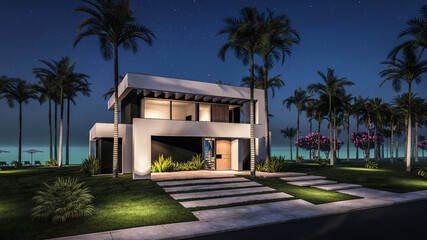 Fototapeta na wymiar 3d rendering of modern cozy house with pool and parking for sale or rent in luxurious style by the sea or ocean. Starlight night by the azure coast with palm trees and flowers in tropical island