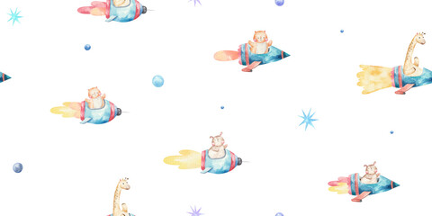 seamless pattern with cat, dog and giraffe on rockets fly into space, cute watercolor childrens illustration