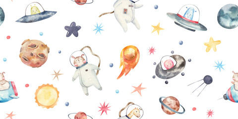 seamless pattern with astronauts, spaceships, rockets, planets, stars and comets, isolated watercolor childrens illustration on white background